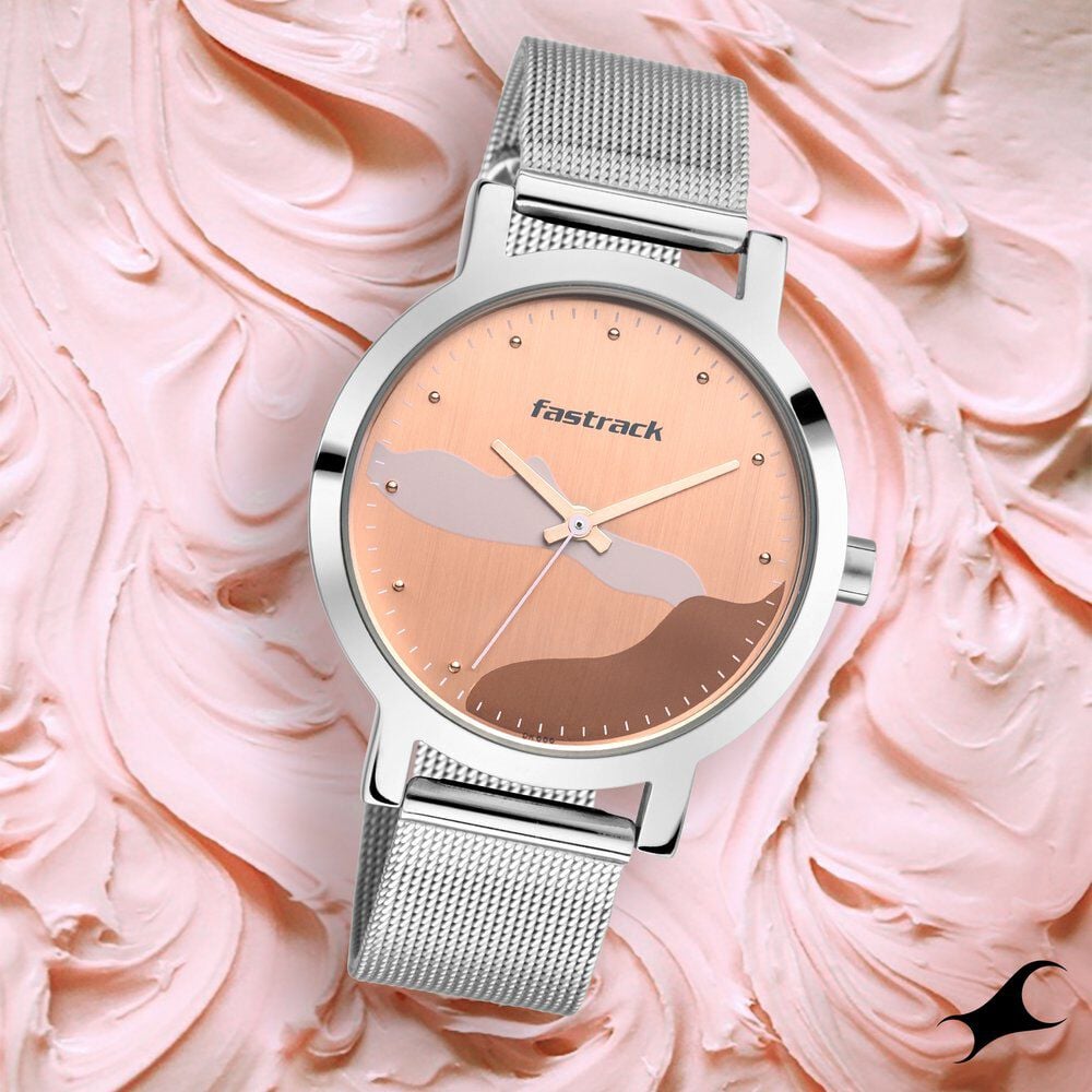 [6222SM01] Fastrack Bare Basics Quartz Analog Rose Gold Dial Stainless Steel Strap Watch for Girls