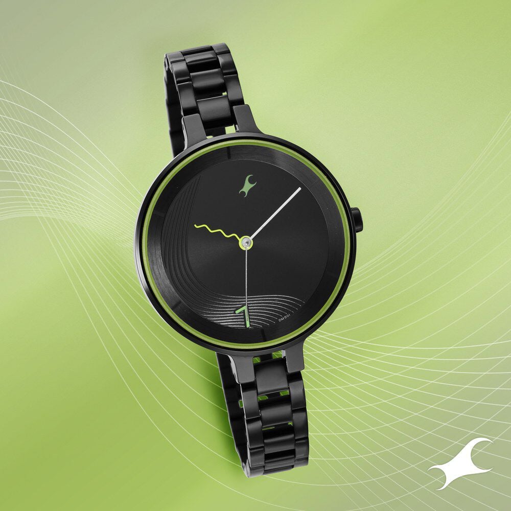 [6265nm01] Fastrack Stunners Quartz Analog Black Dial Metal Strap Watch for Girls