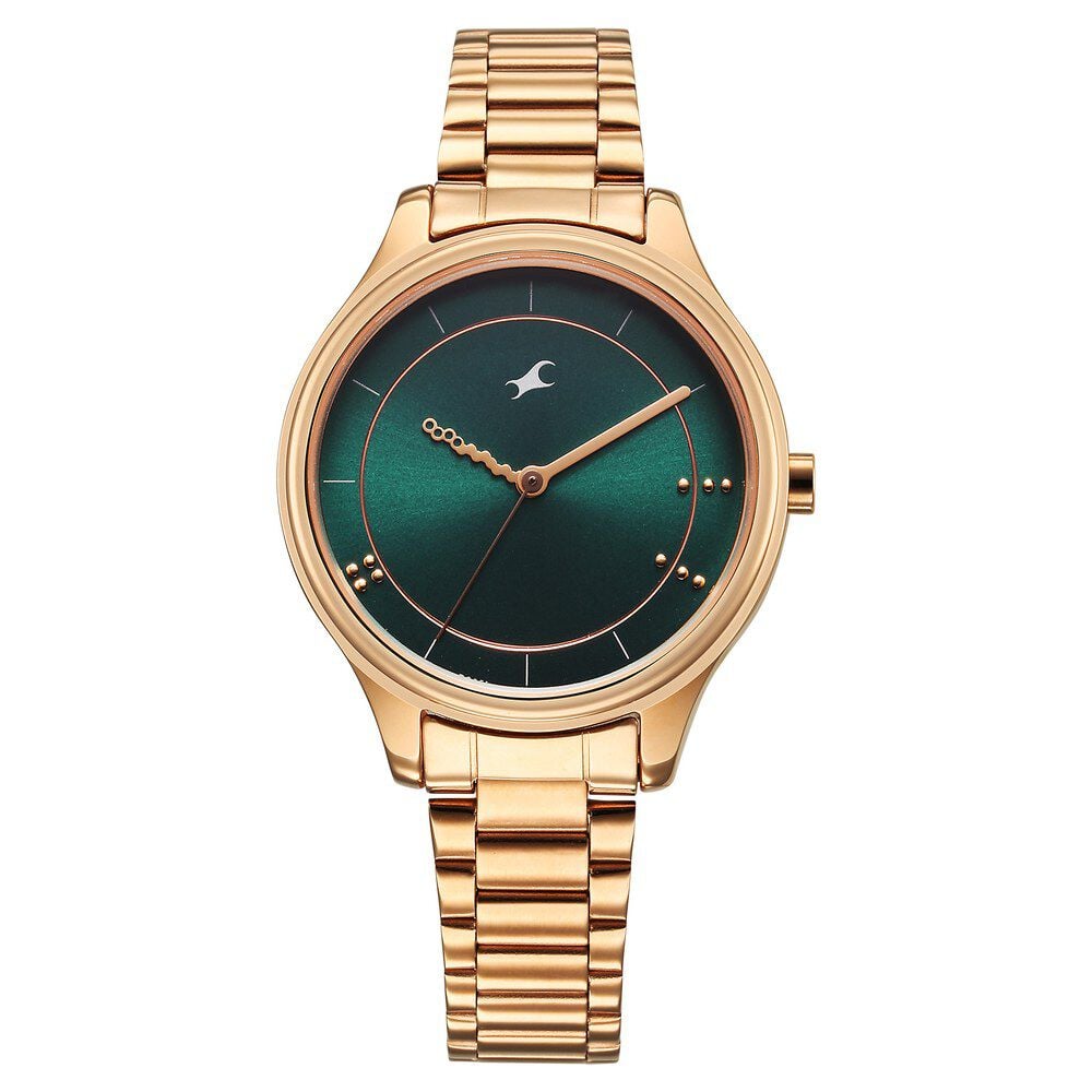 Fastrack Stunners Quartz Analog Green Dial Rose Gold Metal Strap Watch For Girls