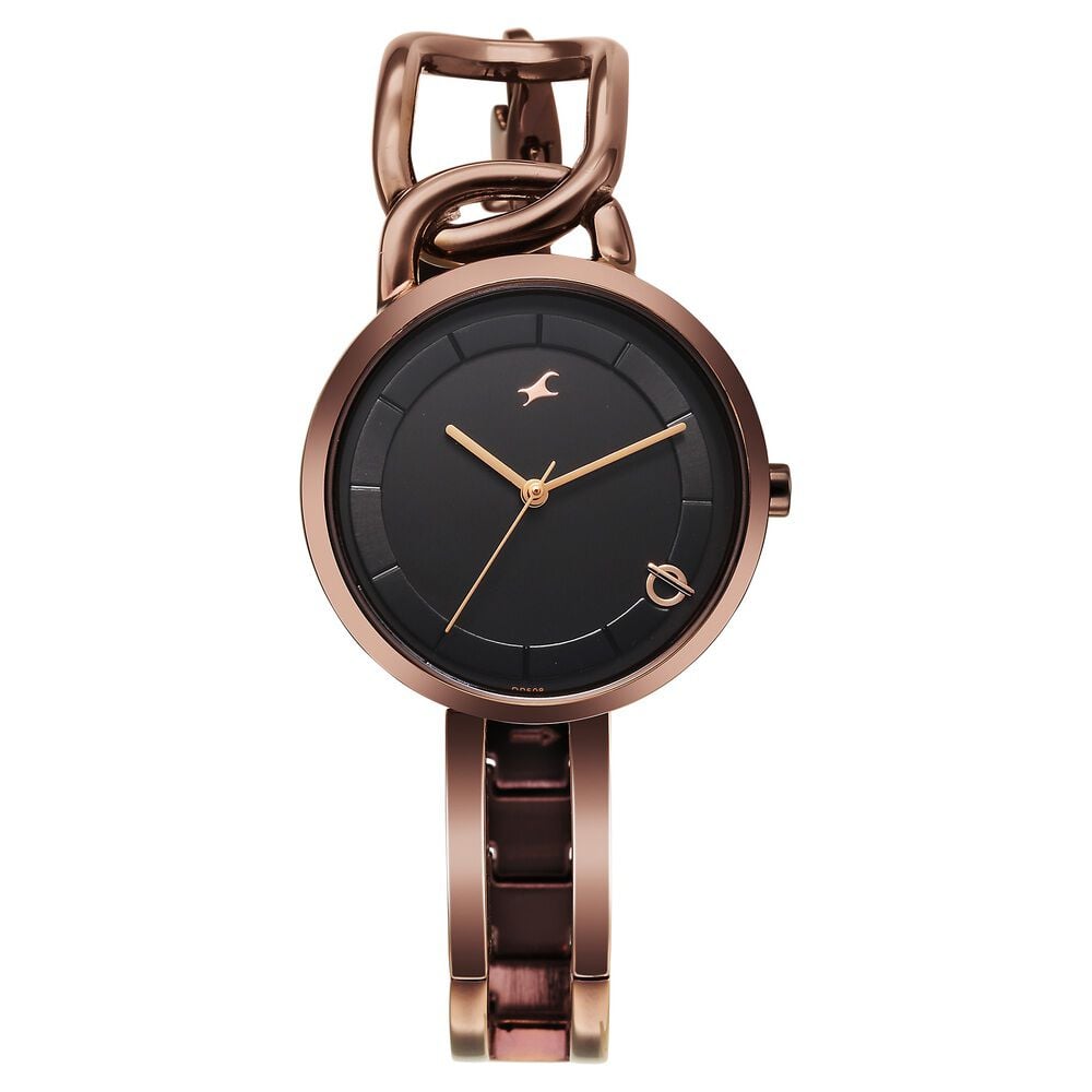 [6298QM01] Fastrack Opulence Quartz Analog Black Dial Brown Metal Strap Watch For Girls