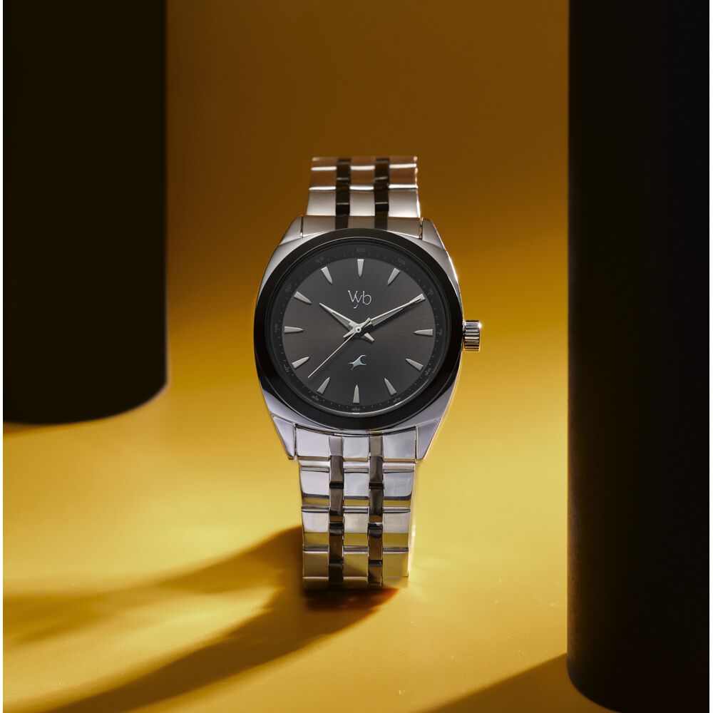 Fastrack Vyb Arcane Quartz Analog Black Dial Two Toned Color Metal Strap Watch For Guys