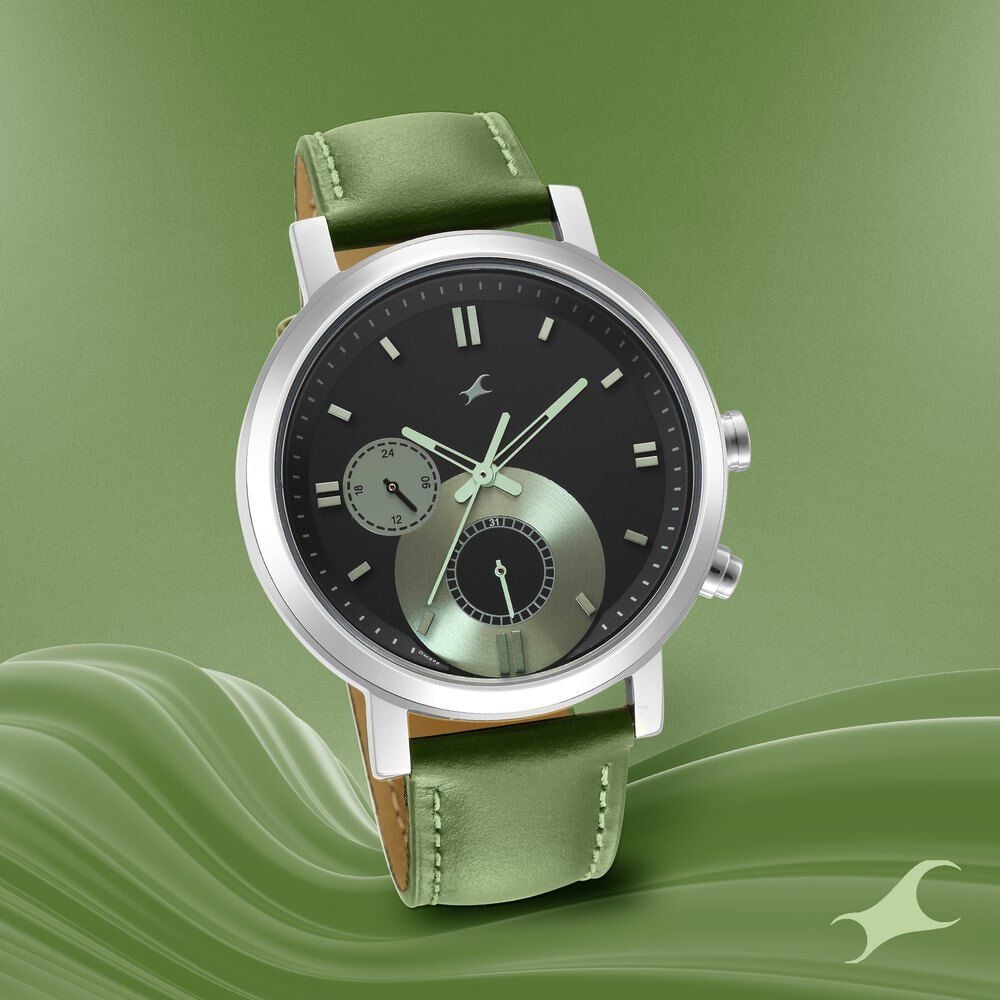 Fastrack Tick Tock Quartz Multifunction Black Dial Leather Strap Watch for Guys