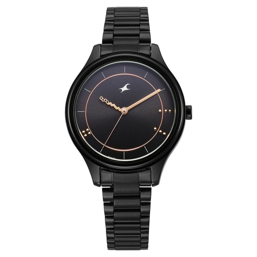 [6296nm01] Fastrack Stunners Quartz Analog Black Dial Black Metal Strap Watch For Girls