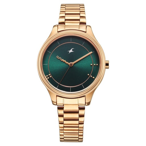 [6296wm02] Fastrack Stunners Quartz Analog Green Dial Rose Gold Metal Strap Watch For Girls