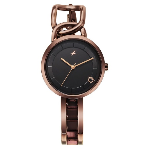 [6298qm01] Fastrack Opulence Quartz Analog Black Dial Brown Metal Strap Watch For Girls