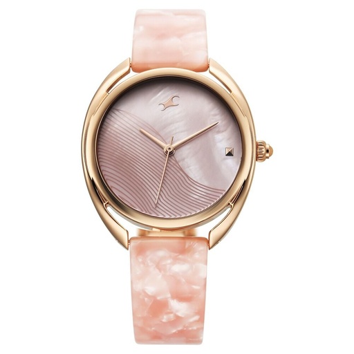 [68036kd01] Fastrack Younique Quartz Analog Pink Color Mother Of Pearl Dial Acetate And Metal Strap Watch For Girls