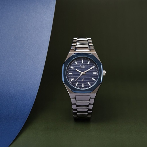 [fv30012km02w] Fastrack Vyb Limitless Quartz Analog Blue Dial Silver Color Metal Strap Watch For Guys