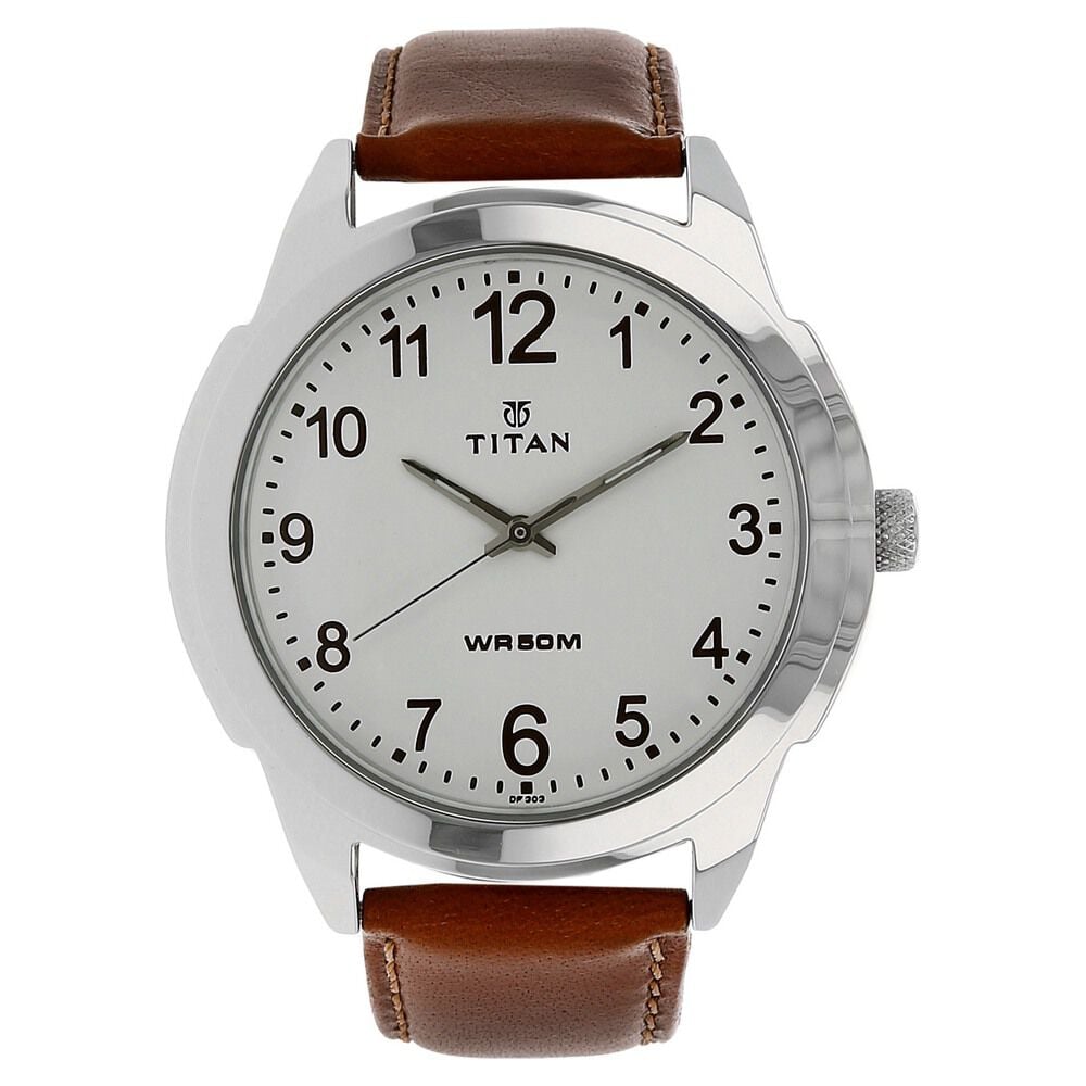 [1585sl07] Titan Quartz Analog White Dial Leather Strap Watch for Men