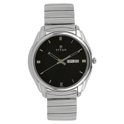 [1578sm04] Titan Quartz Analog with Day and Date Black Dial Stainless Steel Strap Watch for Men