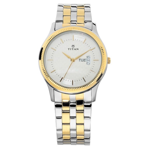 [1824bm01] Titan Quartz Analog with Day and Date Silver Dial Stainless Steel Strap Watch for Men
