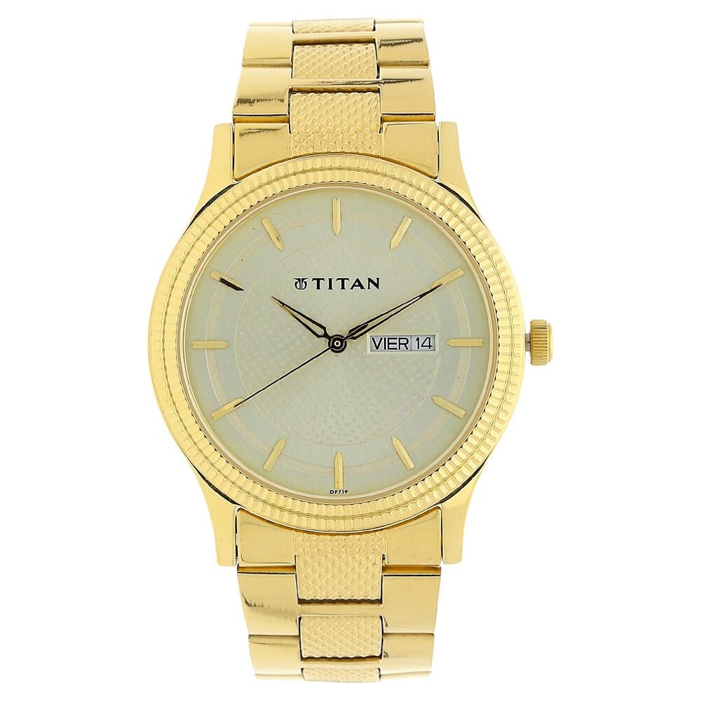 [1650ym06] Titan Analog with Day and Date Quartz Champagne Dial Metal Round Stainless Steel Strap watch for Men