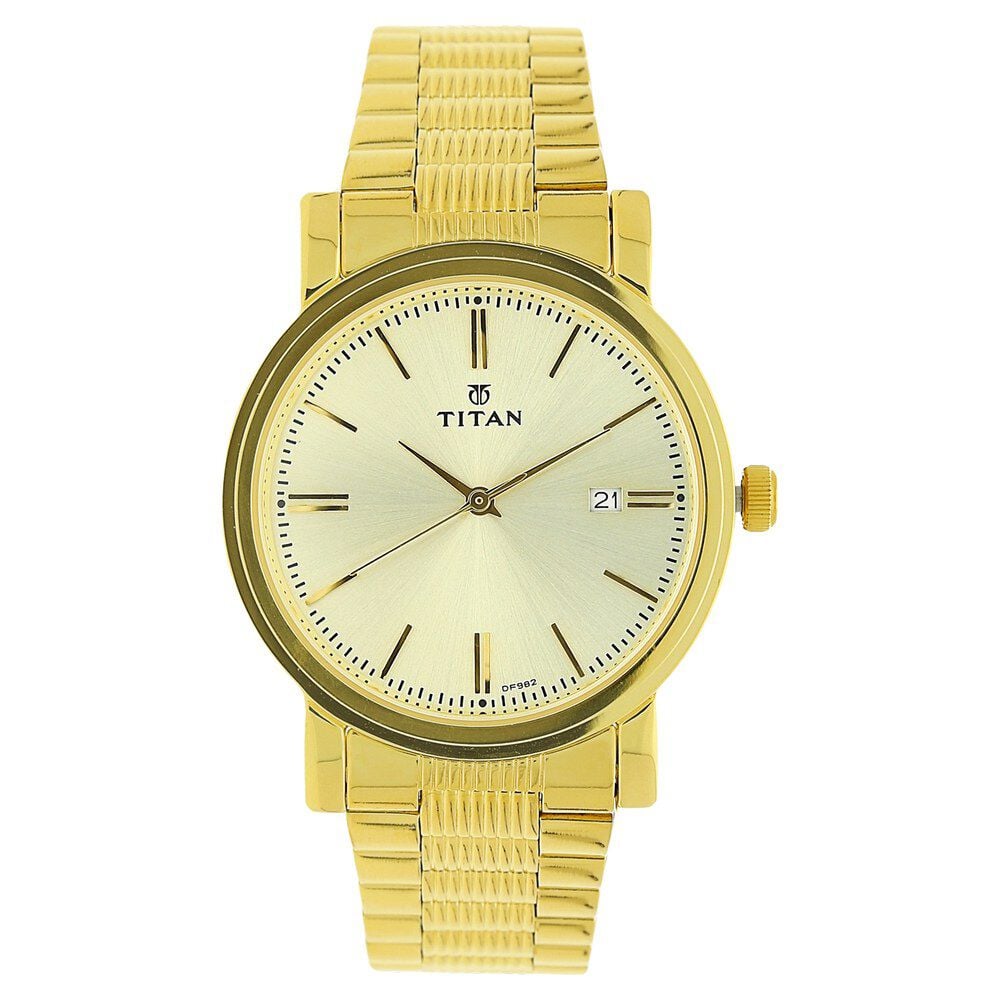 [1712ym03] Titan Quartz Analog with Date Champagne Dial Golden Stainless Steel Strap Watch For Men