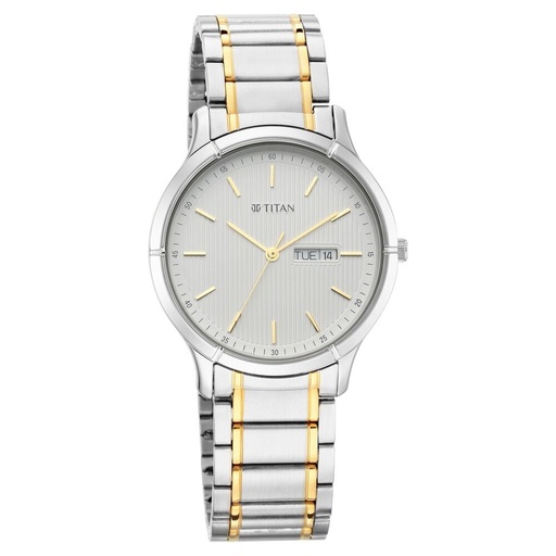 [1775bm02] Titan Lagan White Dial Analog with Day and Date Metal Strap Watch for Men