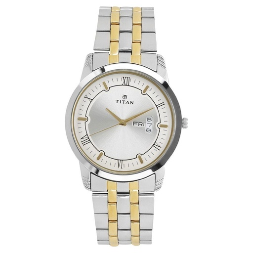 [1774bm01] Titan Metal Silver Analog with Day and Date Stainless Steel Strap Watch for Men