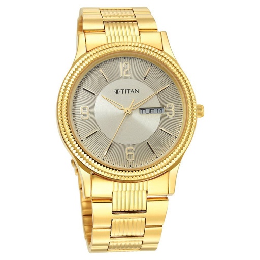 [1650ym09] Titan Quartz Analog Champagne Dial Stainless Steel Strap Watch for Men