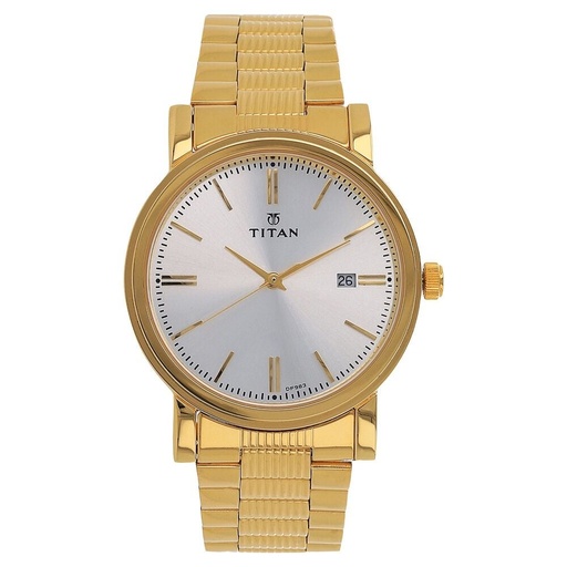 [1712ym02] Titan Quartz Analog with Date Silver Dial Golden Stainless Steel Strap Watch For Men