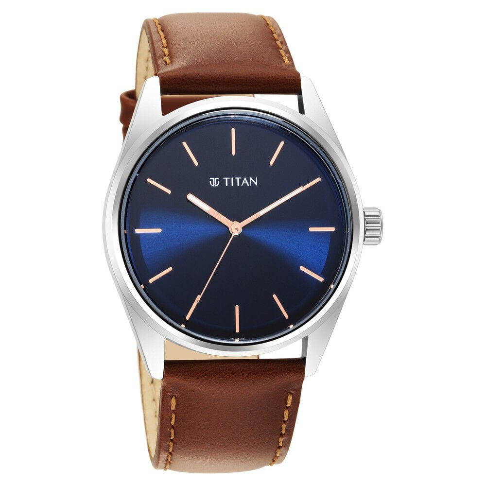 [1866sl01] Titan Quartz Analog Blue Dial Leather Strap Watch for Men