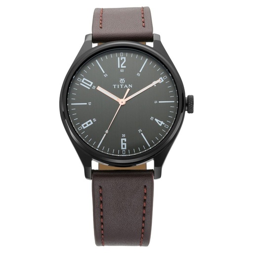 [1802nl01] Titan Men's Minimalist Zen Watch Black: Sleek Leather Strap with Contrast Hands