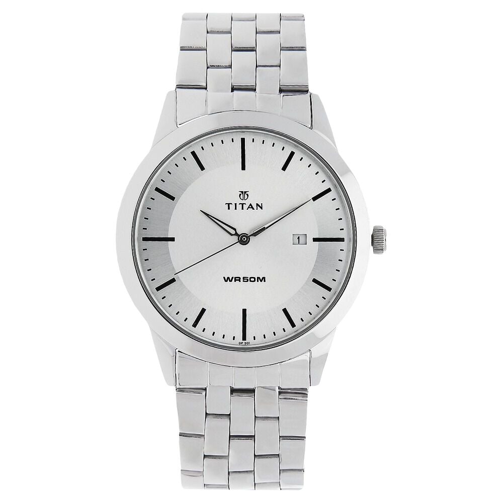 [1584sm03] Titan Quartz Analog with Date White Dial Stainless Steel Strap Watch for Men