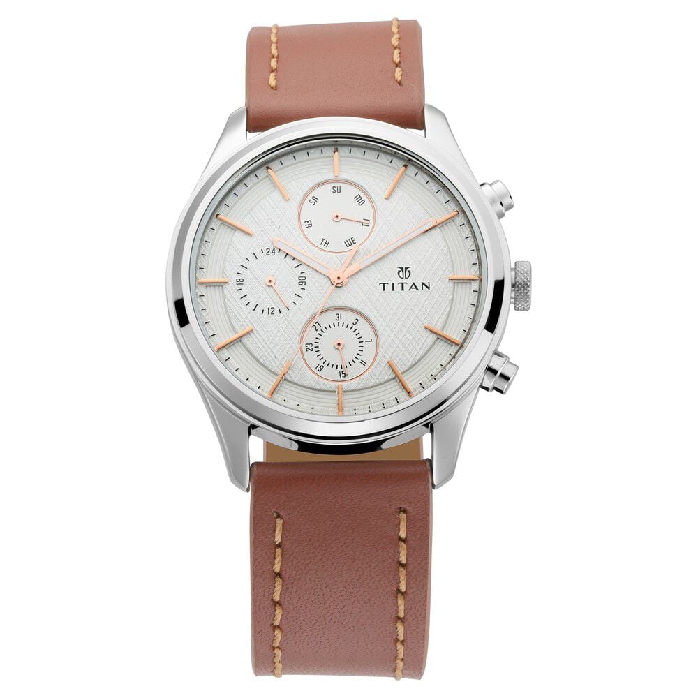 [1805sl01] Titan Men's Metropolitan Charm: Men's Multifunctional White Watch with Leather Strap