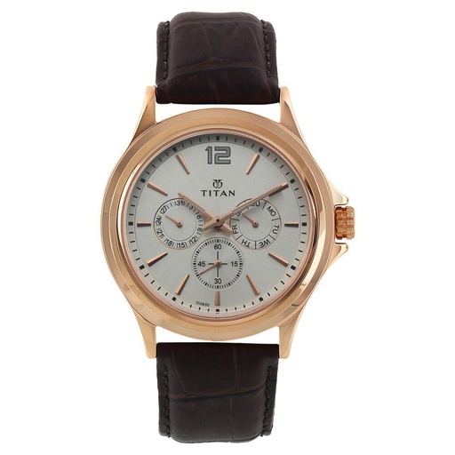 [1698wl01] Titan Quartz Multifunction White Dial Leather Strap Watch for Men