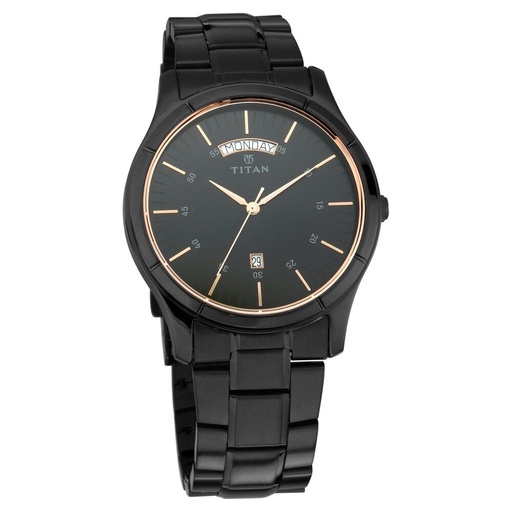 [1767nm01] Titan Quartz Analog with Day and Date Black Dial Black Stainless Steel Strap Watch For Men
