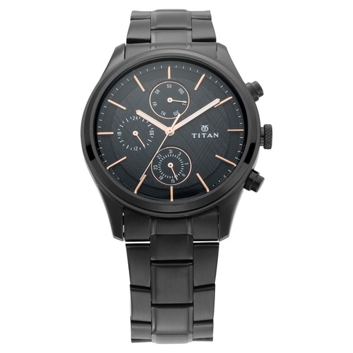 [1805nm01] Titan Workwear Multifunction Black Round Dial Black Metal Strap Watch For Men
