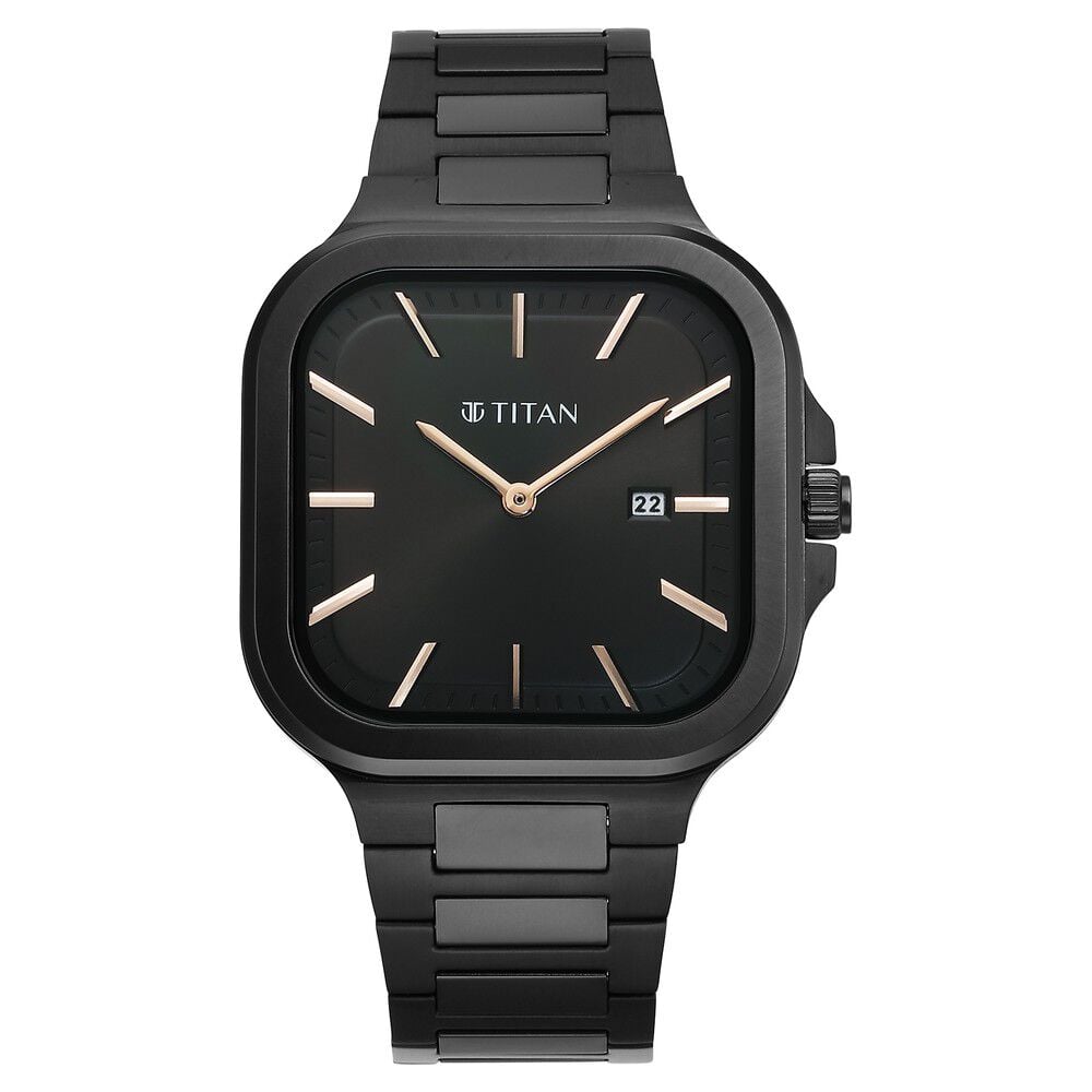 [90176nm01] Titan Classique Slim Square Quartz Analog with Date Black Dial Stainless Steel Strap Watch for Men