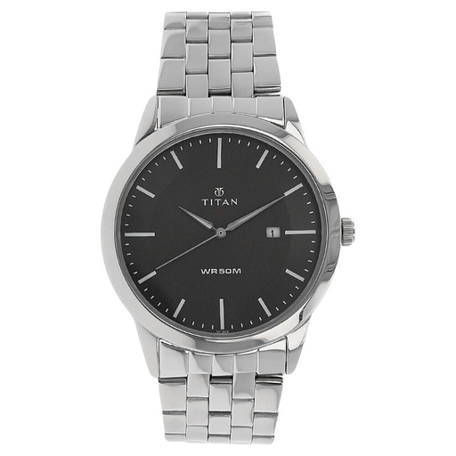 [1584sm04] Titan Quartz Analog with Date Black Dial Stainless Steel Strap Watch for Men