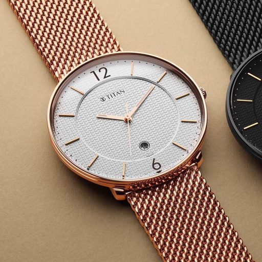 [1849wm01] Titan Black and Gold Silver Dial Analog Stainless Steel Strap watch for Men