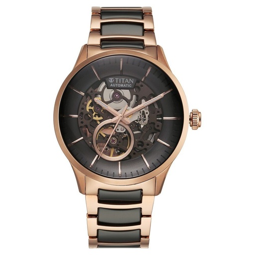 [90174kd03] Titan Ceramic Fusion Automatic Black Dial Rose Gold Dual-Toned Stainless Steel Bracelet Watch for Men