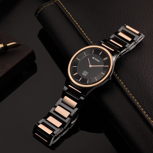 [1696kc01] Titan Edge Ceramic Quartz in Midnight Gold with Black Dial Watch for Men