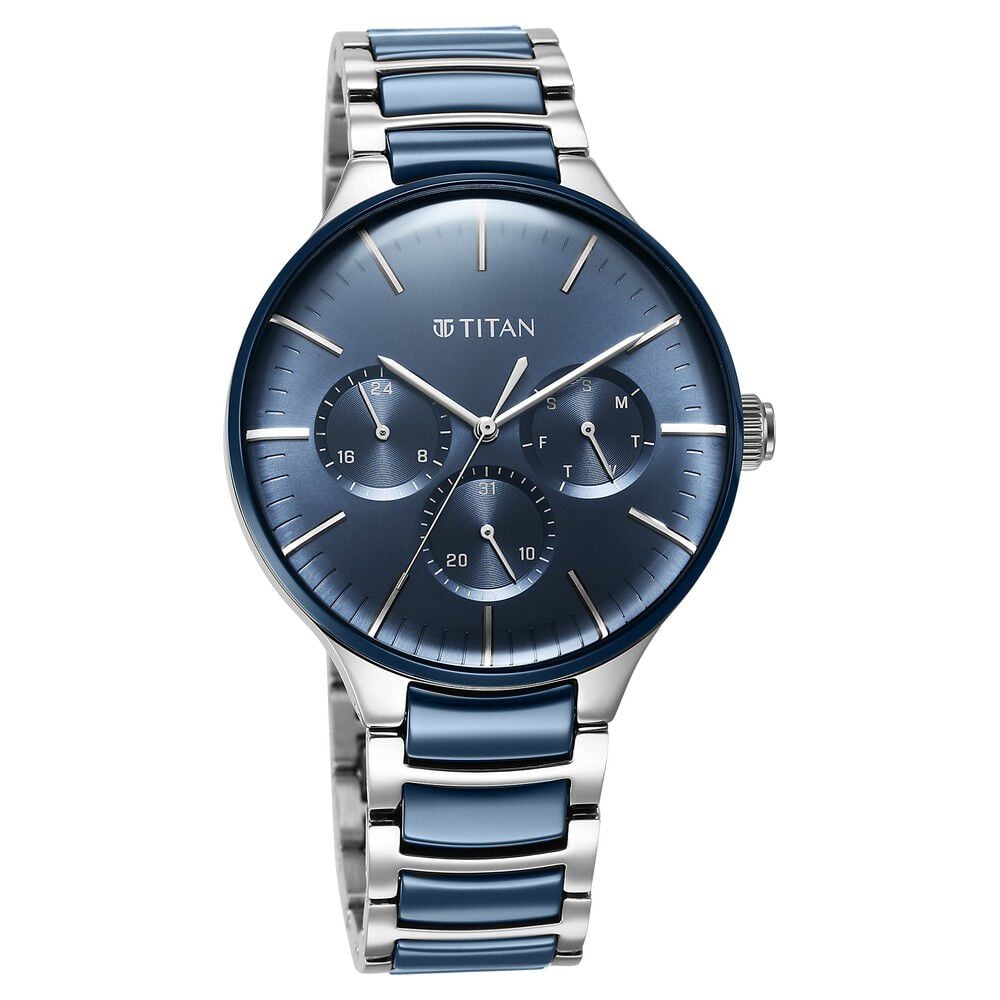 [90148kd02] Titan Ceramic Fusion Quartz Multifunction Blue Dial Silver Dual-Toned Stainless Steel Bracelet Watch for Men