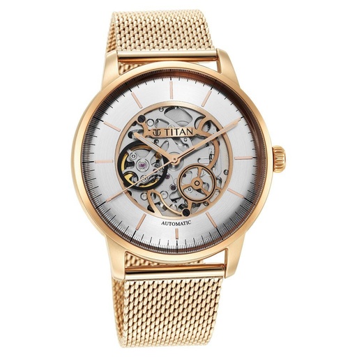 [90110wm01] Titan Skeletal Automatic Gold Dial Gold Stainless Steel Strap Watch for Men
