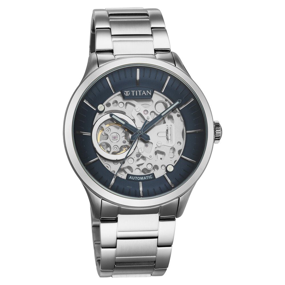 [90140sm01] Titan Metal Mechanicals Blue Dial Silver Stainless Steel Strap Watch for Men
