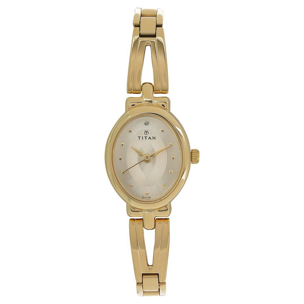 [2594ym01] Titan Quartz Analog Champagne Dial Golden Stainless Steel Strap Oval Shaped Watch For Women