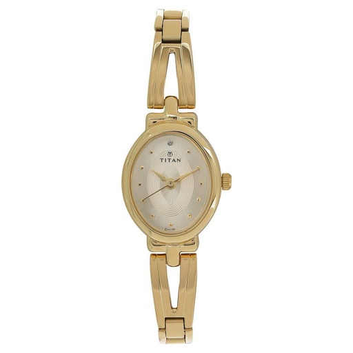 [2594ym01] Titan Quartz Analog Champagne Dial Golden Stainless Steel Strap Oval Shaped Watch For Women