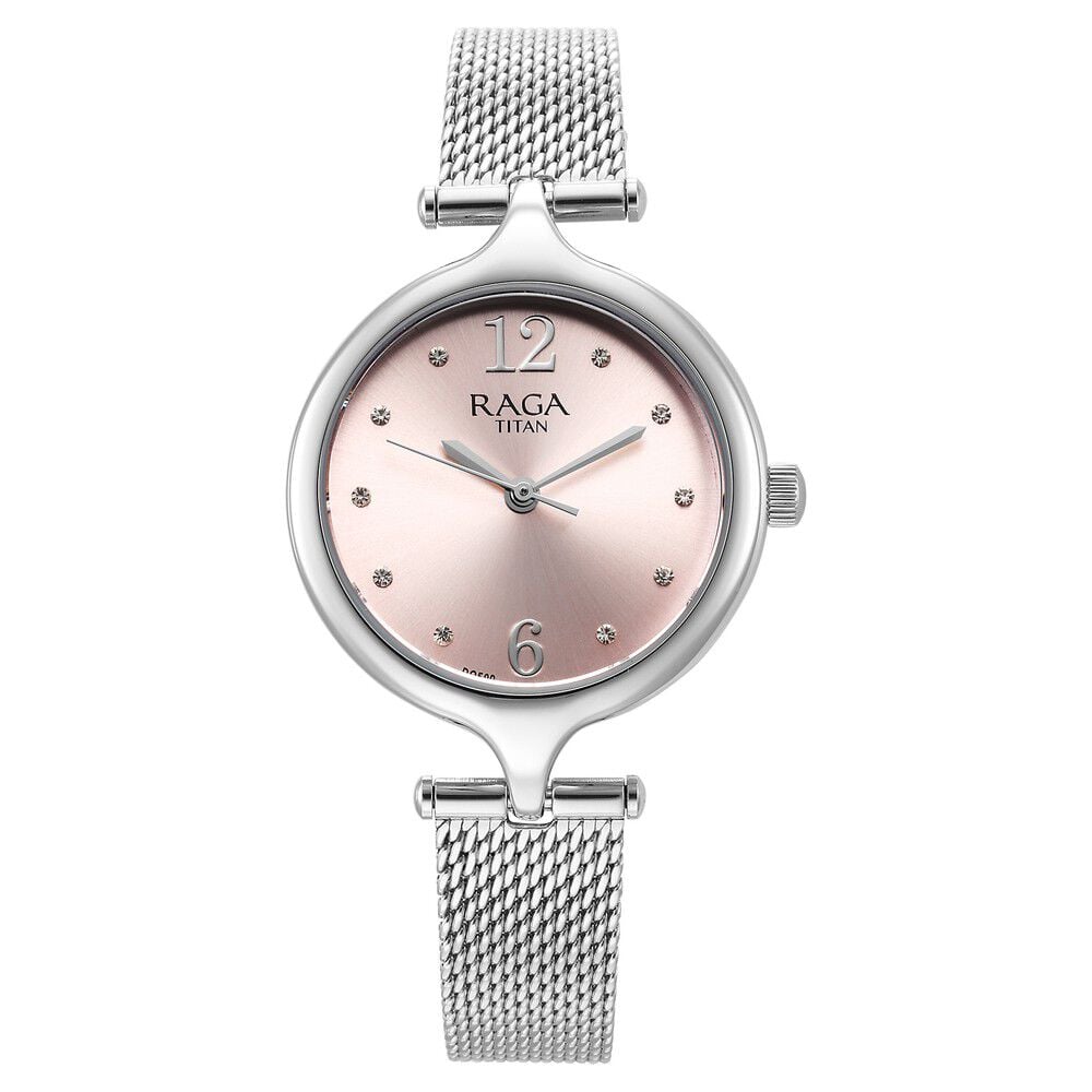 [95268sm01] Titan Raga Showstopper Quartz Analog Pink Dial Silver Metal Strap Watch For Women