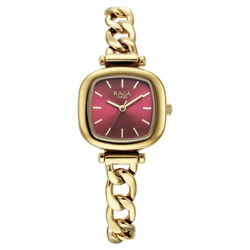 [95302ym01] Titan Raga Showstopper Quartz Analog Maroon Dial Metal Strap Watch For Women
