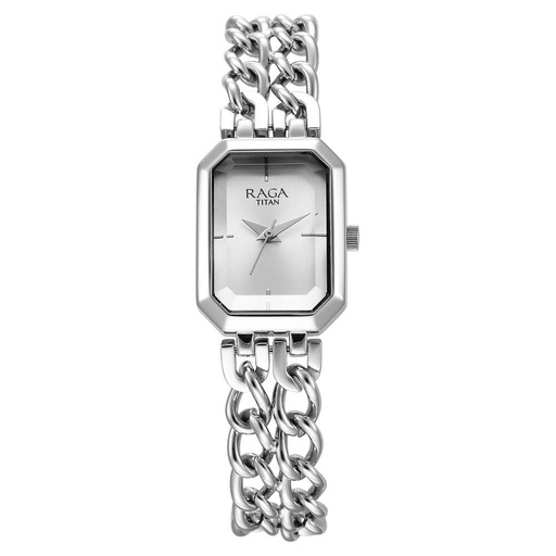 [95283sm01] Titan Raga Showstopper Quartz Analog Silver Dial Silver Metal Strap Rectangular Shaped Watch For Women