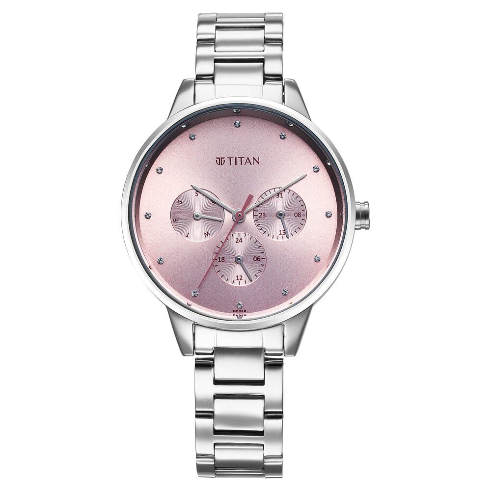 [2648sm13] Titan Razzle Dazzle Quartz Analog with Day and Date Pink Dial Silver Stainless Steel Strap Watch For Women