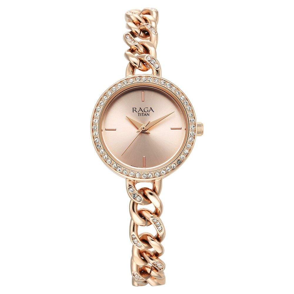 [95288wm01] Titan Raga Showstopper Quartz Analog Rose Gold Round Dial Rose Gold Metal Strap Watch For Women