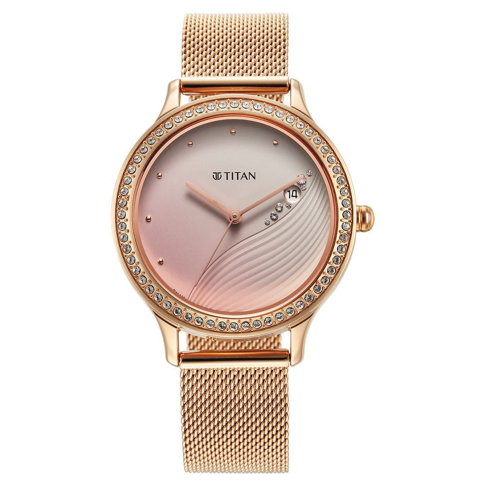 [2634wm05] Titan Purple Glam It Up Pink Dial Analog with Date Stainless Steel Strap Watch for Women
