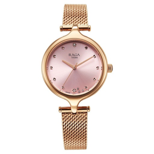 [95268wm01] Titan Raga Showstopper Quartz Analog Rose Gold Dial Metal Strap Watch For Women