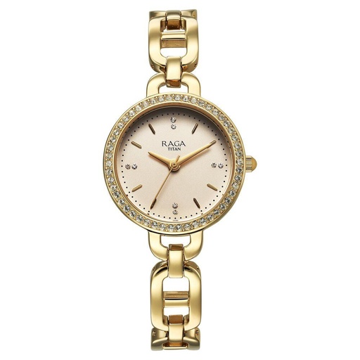[95305ym01] Titan Raga Showstopper Quartz Analog Golden Dial Metal Strap Watch For Women