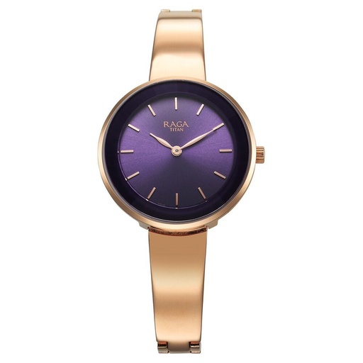 [95276wm01] Titan Raga Showstopper Quartz Analog Purple Round Dial Rose Gold Metal Strap Watch For Women