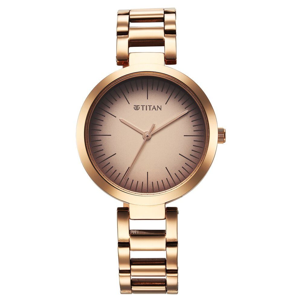 [2480wm06] Titan Workwear Quartz Analog Beige Dial Rose Gold Stainless Steel Strap Watch for Women