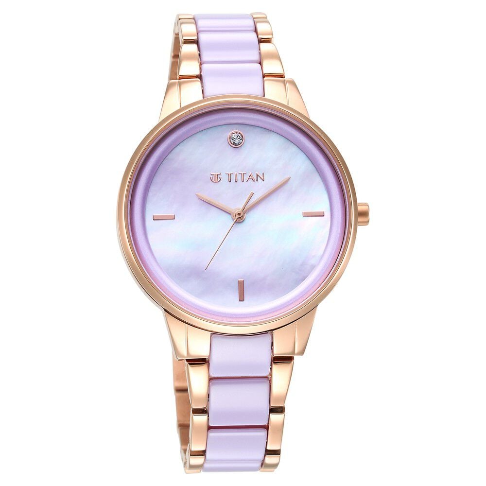 [95213kd02] Titan Purple Ceramics Mother of pearl Dial Analog Steel and Ceramic Strap Watch for Women