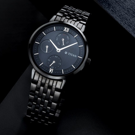[2652nm01] Titan Women's Regal: Roman Numeral Black Dial & Metal Strap Watch