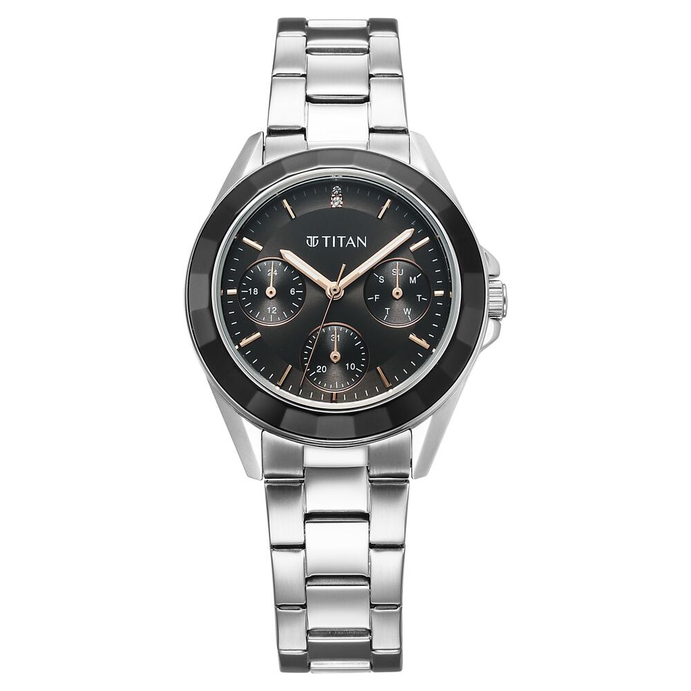 [95315km01] Titan Glamour Quartz Multifunction Black Dial Silver Stainless Steel Strap Watch For Women